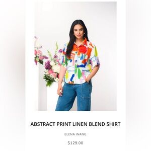 NWT Elena Wang Multicolor Abstract Print Linen Button-Down Shirt